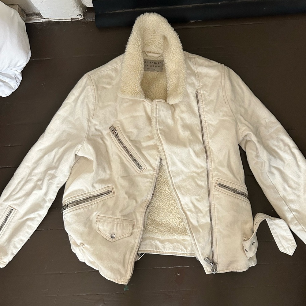 All Saints white Fur-lined Denim jacket